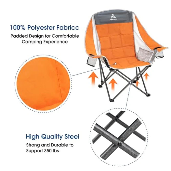 CampNacht Outdoor Camping Lawn Chair, Oversized Padded Chair for Adults with Cup Holders, Portable Lightweight Folding Chair for Outside with Carry Bag for Camping, Hiking, Orange, 1 Pack by YOUGYM - Image 2