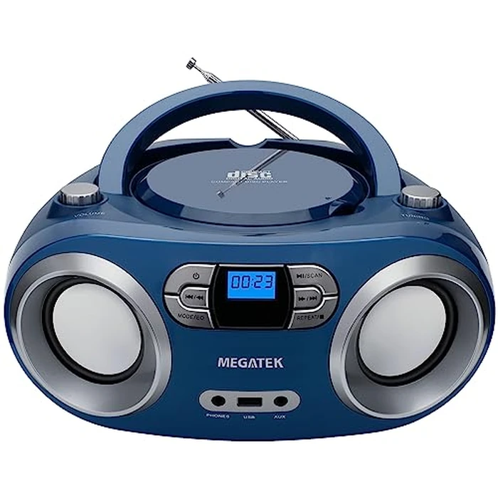 MEGATEK Portable CD Player Boombox with FM Radio, Bluetooth, USB Port, AUX Input, and Headphone Jack - CD-R/CD-RW/MP3-CD Compatible, Clear Stereo Sound, Backlit LCD Display - Blue Jay by MEGATEK - Used - Like New condition - US$41.99