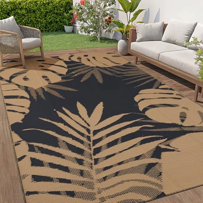 OLANLY Waterproof Outdoor Rug 4x6 ft, Plastic Reversible Patio Rug Outdoor Carpet, Large Leaf Outdoor Area Rug Deck Rugs for Patio, RV, Backyard, Deck, Picnic, Beach, Camping, Brown & Black by OLANLY - Used - Very Good condition - CA$26.99