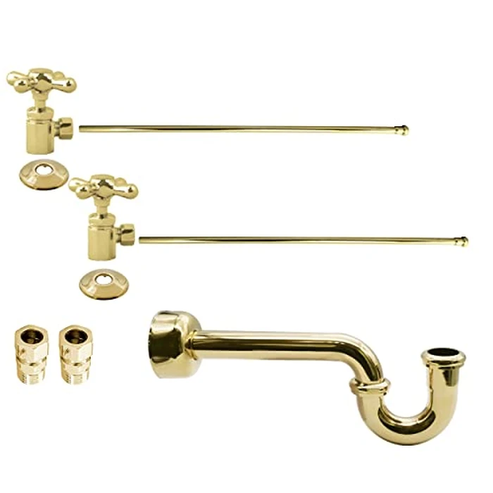 Westbrass A1838L-01 Freestanding Pedestal Sink Faucet Supply Line Risers with P-Trap, Flanges and Cross Handles, Polished Brass by Westbrass - Image 1