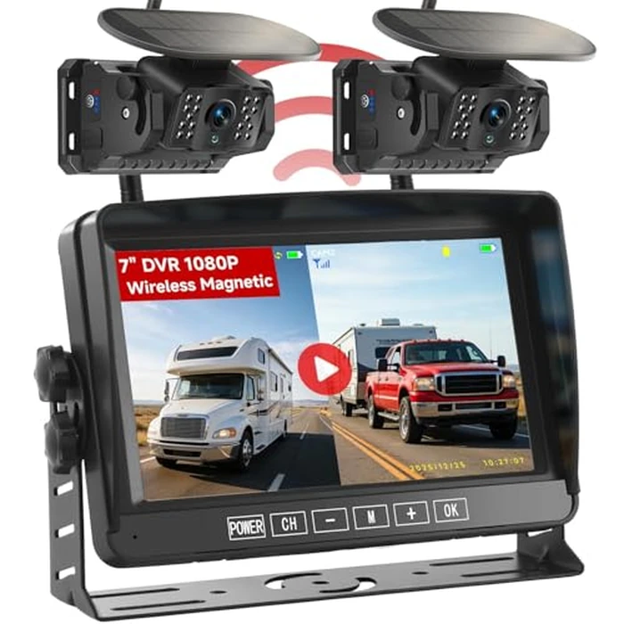 Venluna Dual Wireless Magnetic Backup Camera for Trailer - 7” 1080P HD 4CH Monitor with Solar 15000mAh Rechargeable Night Vision Rear Camera, DVR Loop Recording Waterproof No Delay for Truck,RV,Camper by Venluna - Used - Like New condition - US$170.99