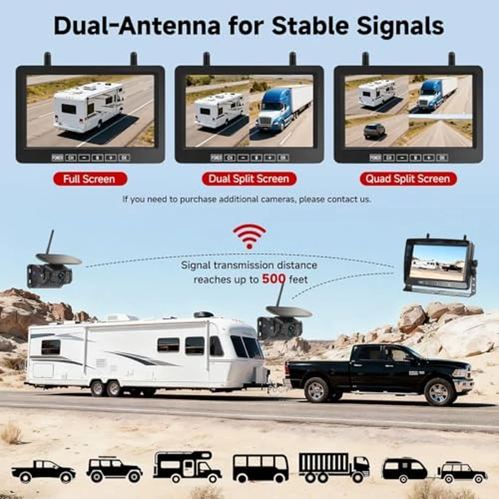 Venluna Dual Wireless Magnetic Backup Camera for Trailer - 7” 1080P HD 4CH Monitor with Solar 15000mAh Rechargeable Night Vision Rear Camera, DVR Loop Recording Waterproof No Delay for Truck,RV,Camper by Venluna - Image 5