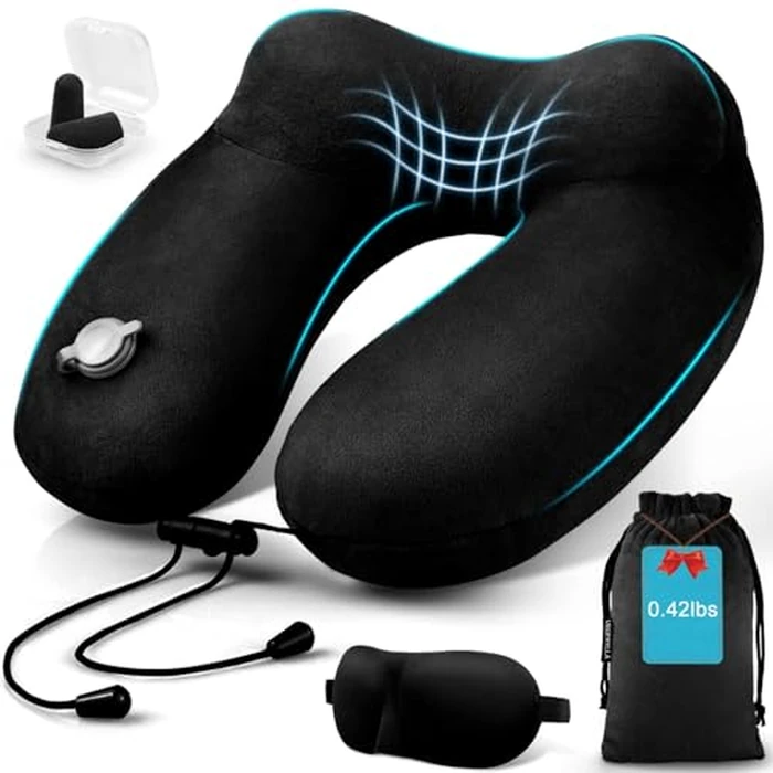 urophylla Inflatable Travel Neck Pillow for Airplanes, Super Soft Velvet Neck Support, Adjustable Firmness, Blow Up Plane Pillow for Long Flights, Road Trips, Travel Essentials with Eye Mask, Earplug by UROPHYLLA - Used - Acceptable condition