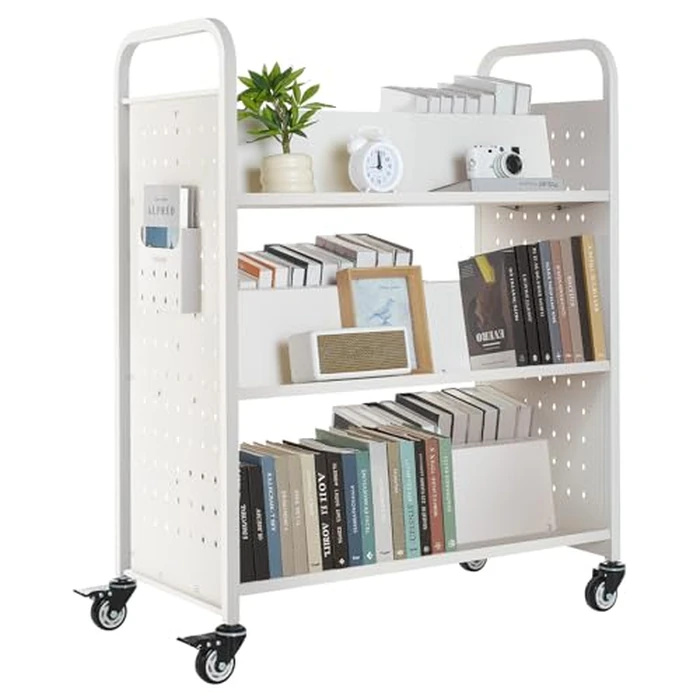 VEVOR Rolling Library Book Cart, 330 lbs Capacity, 38.2 x 20.3 x 48.2-Inch Library Cart, Double Sided W-Shaped Shelves with 3-Inch Lockable Wheels, Book Truck for Home Shelves Office and School, White by VEVOR - Used - Very Good condition