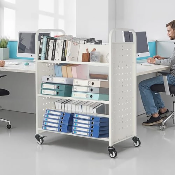 VEVOR Rolling Library Book Cart, 330 lbs Capacity, 38.2 x 20.3 x 48.2-Inch Library Cart, Double Sided W-Shaped Shelves with 3-Inch Lockable Wheels, Book Truck for Home Shelves Office and School, White by VEVOR - Image 2