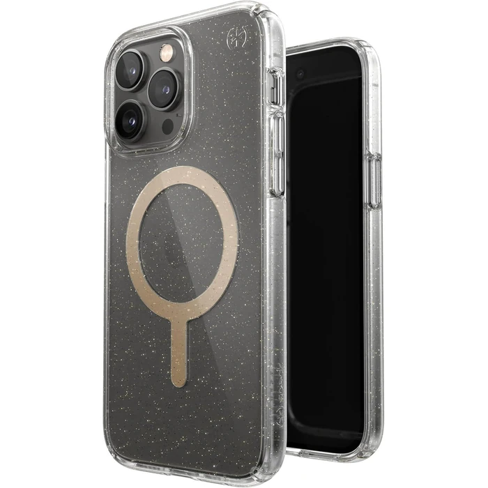Speck Presidio Perfect-Clear Glitter MagSafe Phone Case for iPhone 14 Pro - Clear/Gold Glitter by Speck - Refurbished - Excellent condition - US$12.98