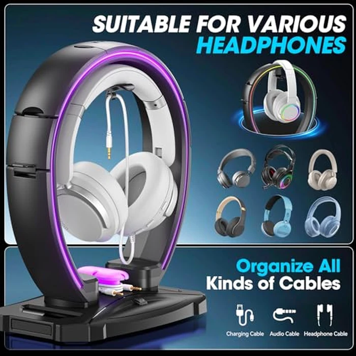 KDD RGB Headphone & Controller Stand with 9 Light Modes - Foldable Controller Hanger for Desk - Earphone Stand with Cable Organizer - for Gamers Desktop Accessories by KDD - Image 5