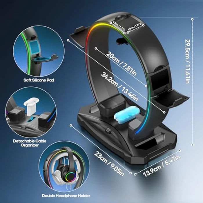 KDD RGB Headphone & Controller Stand with 9 Light Modes - Foldable Controller Hanger for Desk - Earphone Stand with Cable Organizer - for Gamers Desktop Accessories by KDD - Image 6