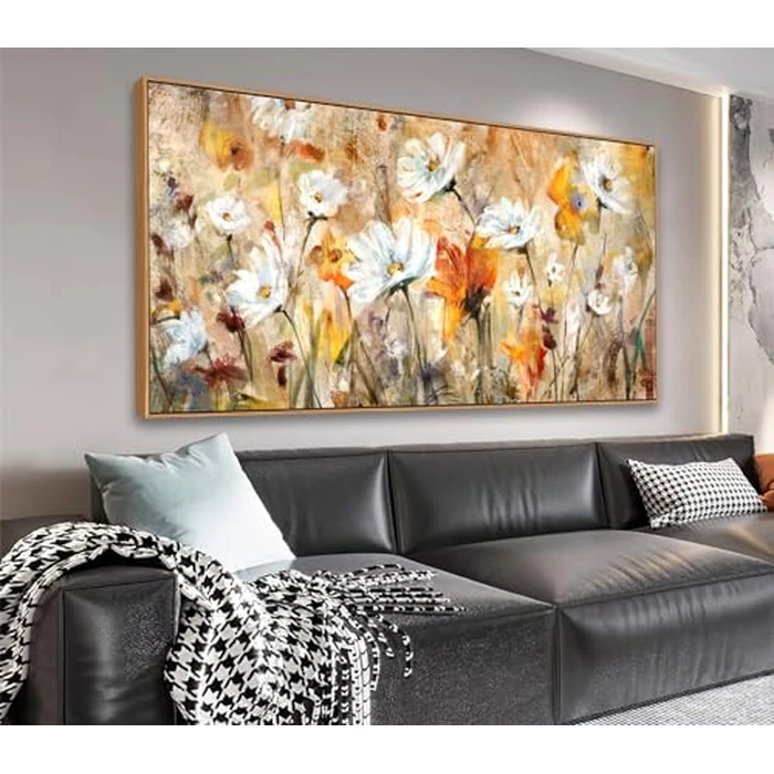 Framed Wall Art Wildflowers Canvas Wall Pictures Abstract White Daisy Flowers Canvas Prints Orange Yellow Floral Landscape Painting Artwork for Living Room Bedroom Kitchen Home Office Decor 60x120 CM by VEAEE - Used - Like New condition - CA$138.31