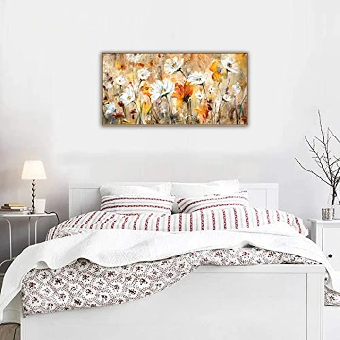 Framed Wall Art Wildflowers Canvas Wall Pictures Abstract White Daisy Flowers Canvas Prints Orange Yellow Floral Landscape Painting Artwork for Living Room Bedroom Kitchen Home Office Decor 60x120 CM by VEAEE - Image 4