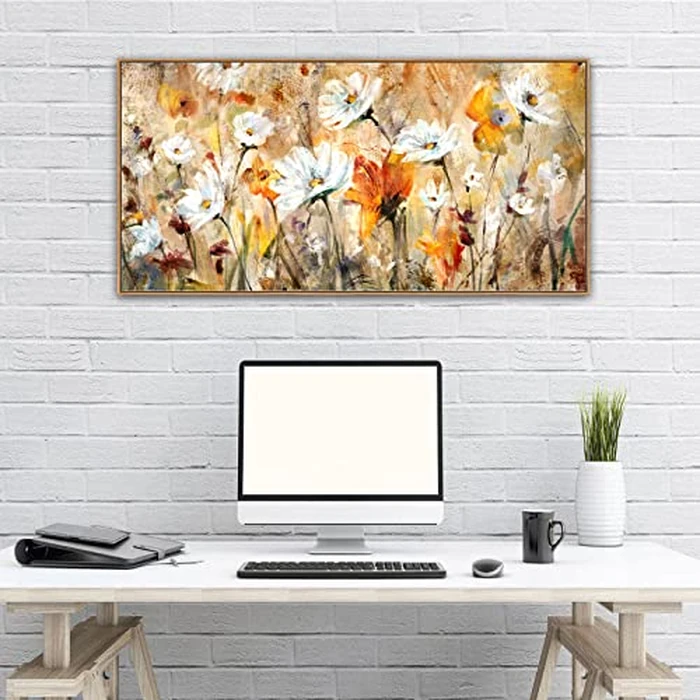 Framed Wall Art Wildflowers Canvas Wall Pictures Abstract White Daisy Flowers Canvas Prints Orange Yellow Floral Landscape Painting Artwork for Living Room Bedroom Kitchen Home Office Decor 60x120 CM by VEAEE - Image 5