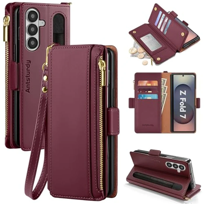 Antsturdy Compatible with Samsung Galaxy Z Fold7 Case Wallet with Card Holder,Z Fold 7 5G Phone Case with Strap Shockproof PU Leather RFID Blocking Flip Cover Credit Card Slots Women Men,Wine Red by Antsturdy - Image 1