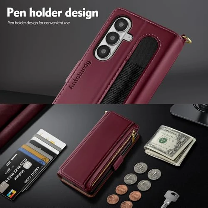 Antsturdy Compatible with Samsung Galaxy Z Fold7 Case Wallet with Card Holder,Z Fold 7 5G Phone Case with Strap Shockproof PU Leather RFID Blocking Flip Cover Credit Card Slots Women Men,Wine Red by Antsturdy - Image 2