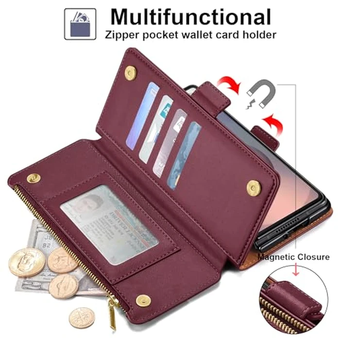Antsturdy Compatible with Samsung Galaxy Z Fold7 Case Wallet with Card Holder,Z Fold 7 5G Phone Case with Strap Shockproof PU Leather RFID Blocking Flip Cover Credit Card Slots Women Men,Wine Red by Antsturdy - Image 3