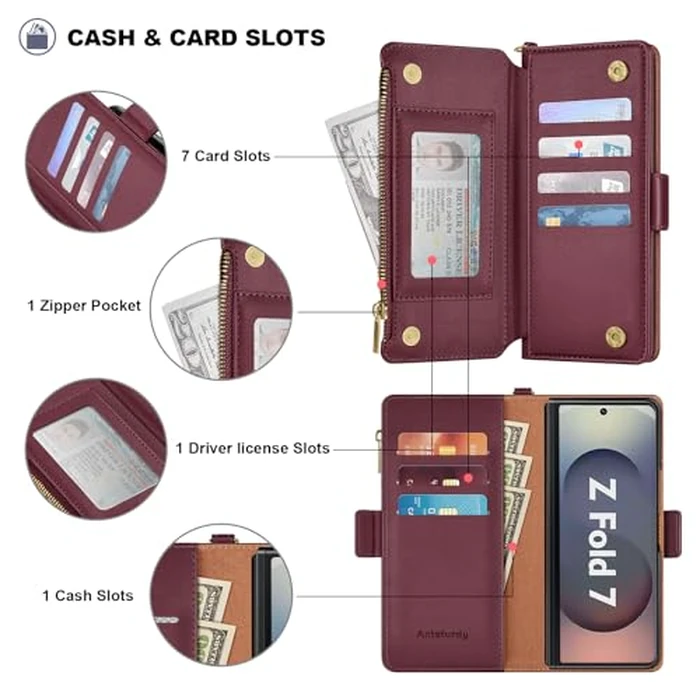 Antsturdy Compatible with Samsung Galaxy Z Fold7 Case Wallet with Card Holder,Z Fold 7 5G Phone Case with Strap Shockproof PU Leather RFID Blocking Flip Cover Credit Card Slots Women Men,Wine Red by Antsturdy - Image 5