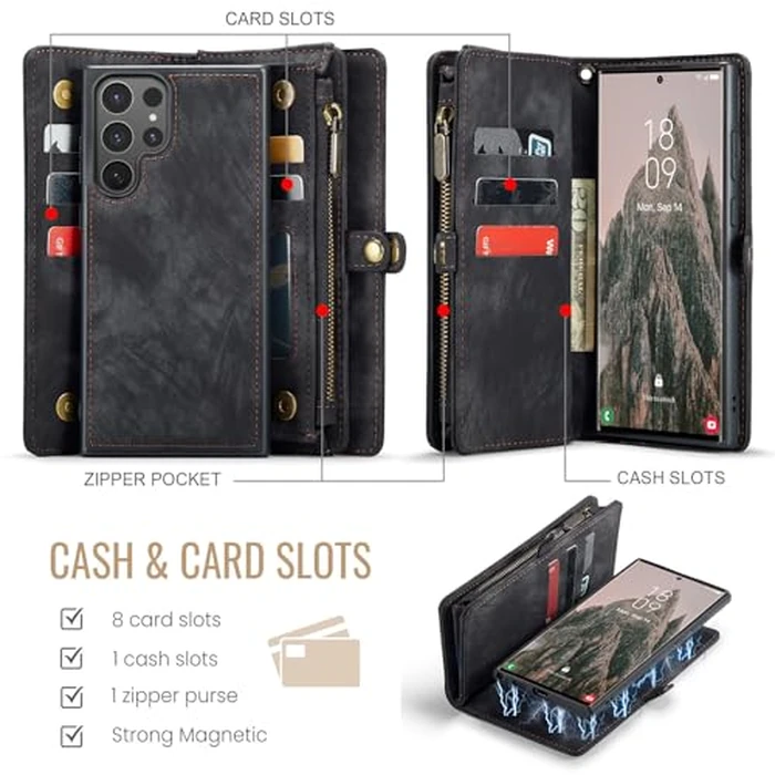Asuwish Phone Case for Samsung Galaxy S25 Ultra 5G Zipper Wallet Magnetic Detachable Cover with Tempered Glass Screen Protector and Flip Cash Card Holder Cell S25Ultra 25S S 25 25Ultra Women Men Black by Asuwish - Image 1
