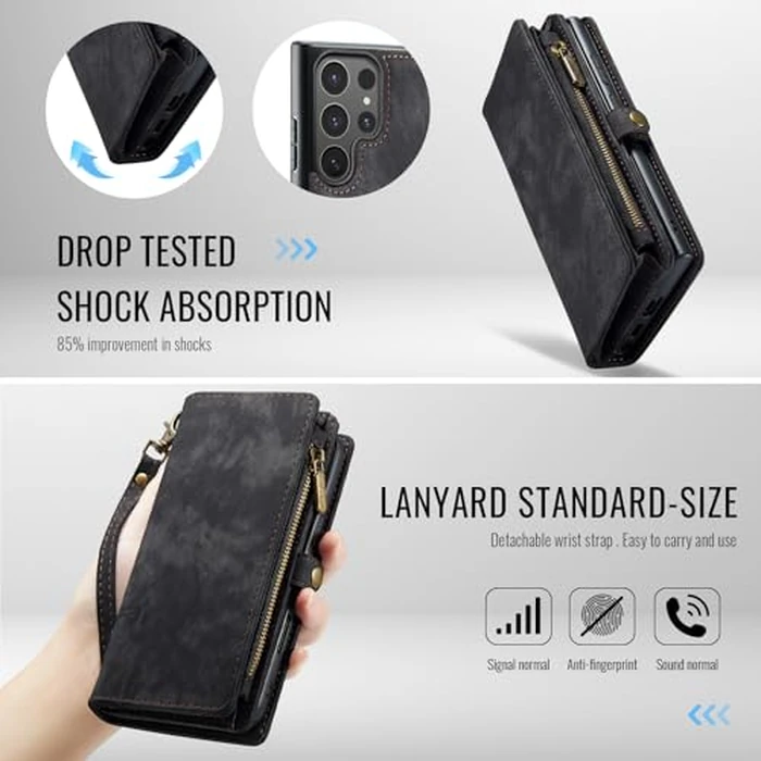 Asuwish Phone Case for Samsung Galaxy S25 Ultra 5G Zipper Wallet Magnetic Detachable Cover with Tempered Glass Screen Protector and Flip Cash Card Holder Cell S25Ultra 25S S 25 25Ultra Women Men Black by Asuwish - Image 4