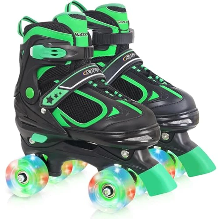 Nattork Kids Roller Skates for Boys Girls, 4 Sizes Adjustable Quad Skates with Light up Wheels,Best Gift Beginners Outdoor Sports Green L by BASYNOL - Used - Like New condition