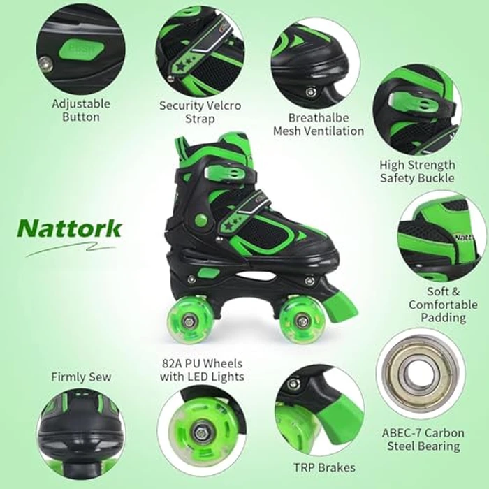 Nattork Kids Roller Skates for Boys Girls, 4 Sizes Adjustable Quad Skates with Light up Wheels,Best Gift Beginners Outdoor Sports Green L by BASYNOL - Image 3