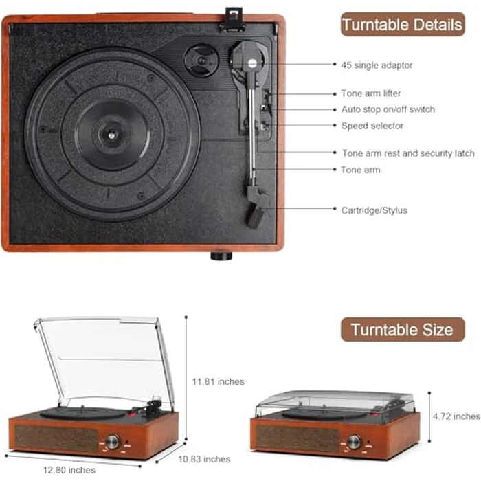 Vinyl Player Bluetooth Turntable Vinyl Record Player with Speakers Turntables for Vinyl Records 3 Speed Belt Driven Vintage Record Player Vinyl Turntable for Entertainment AUX in RCA Out by Mersoco - Image 2