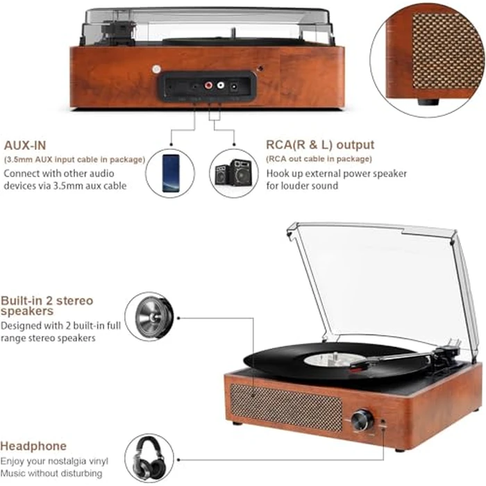 Vinyl Player Bluetooth Turntable Vinyl Record Player with Speakers Turntables for Vinyl Records 3 Speed Belt Driven Vintage Record Player Vinyl Turntable for Entertainment AUX in RCA Out by Mersoco - Image 3