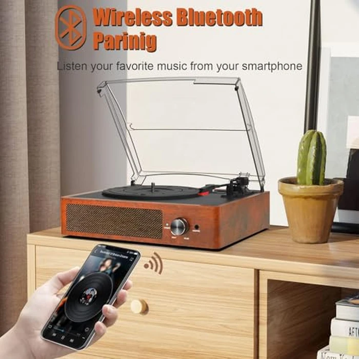 Vinyl Player Bluetooth Turntable Vinyl Record Player with Speakers Turntables for Vinyl Records 3 Speed Belt Driven Vintage Record Player Vinyl Turntable for Entertainment AUX in RCA Out by Mersoco - Image 4