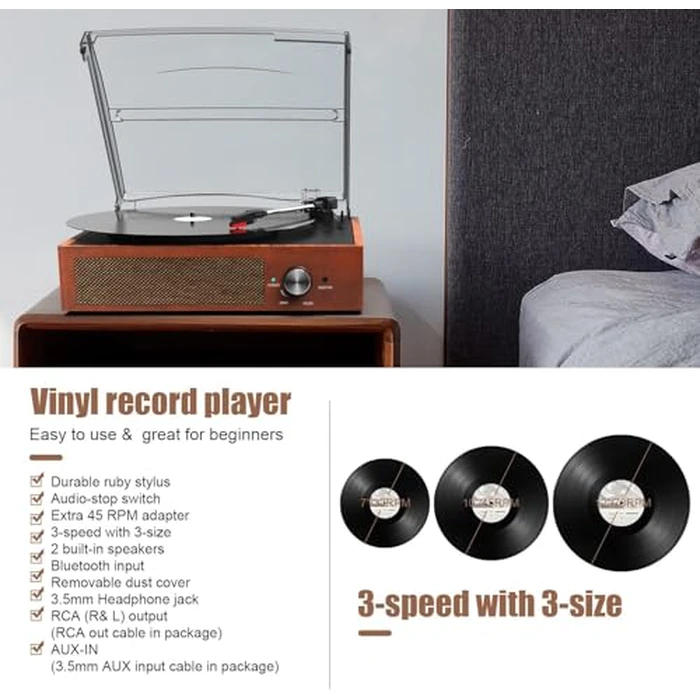 Vinyl Player Bluetooth Turntable Vinyl Record Player with Speakers Turntables for Vinyl Records 3 Speed Belt Driven Vintage Record Player Vinyl Turntable for Entertainment AUX in RCA Out by Mersoco - Image 5