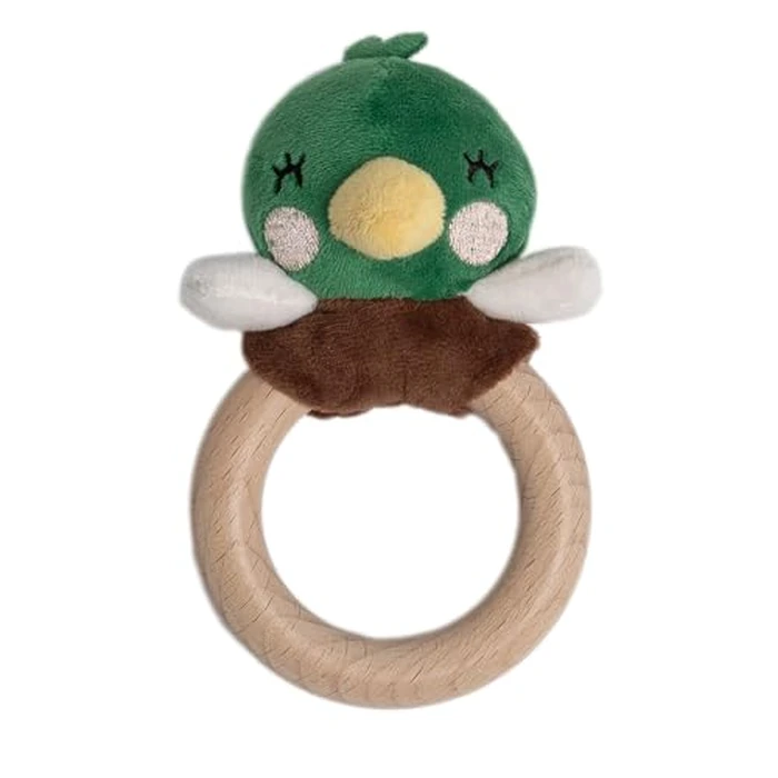 Pearhead Mallard Duck Wooden Baby Teether - Soft Plush Lovey with Natural Wood Rattle Ring, BPA & PVC-Free, Soothes Infant Gums, Multi-Sensory Newborn Essential for Boys, 0+ Months by Pearhead - Used - Like New condition