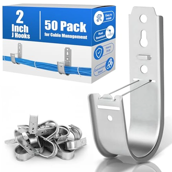 Podoy 2 Inch Cable J Hooks with Retainer Clips,Galvanized Steel J Hook for Cable Management (50 Pack), Cable Support Wall Mount Hooks for Walls/Ceilings Route Network Hanging Cables by Podoy - Used - Very Good condition
