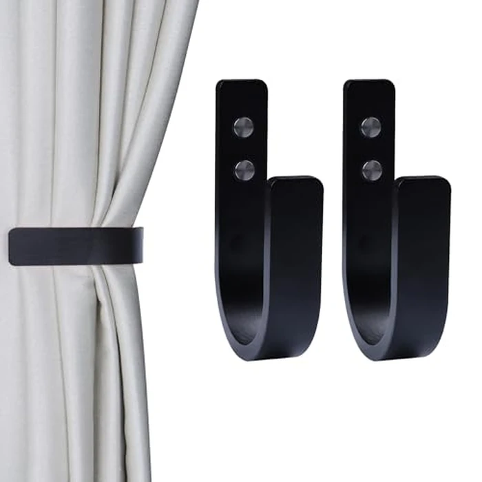 OCIOLI 2 Pack Curtain Tiebacks Wood Curtain Holdbacks U Shaped Curtain Hooks Curtain Tie Backs Wall Mount Curtain Holder Curtain Pull Backs Tie Backs for Curtains (Black, 2) by OCIOLI - Image 1