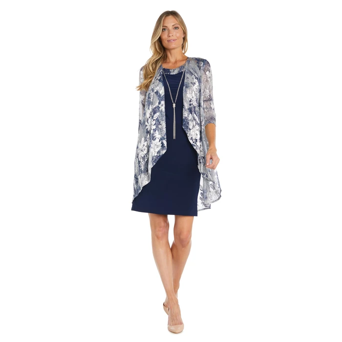 R&M Richards Women's Floral Print Metallic Crinkle Knit Sheath Dress W/Coordinated Flyaway Jacket & Tassel Necklace by R&M Richards - Used - Like New condition - US$44.37
