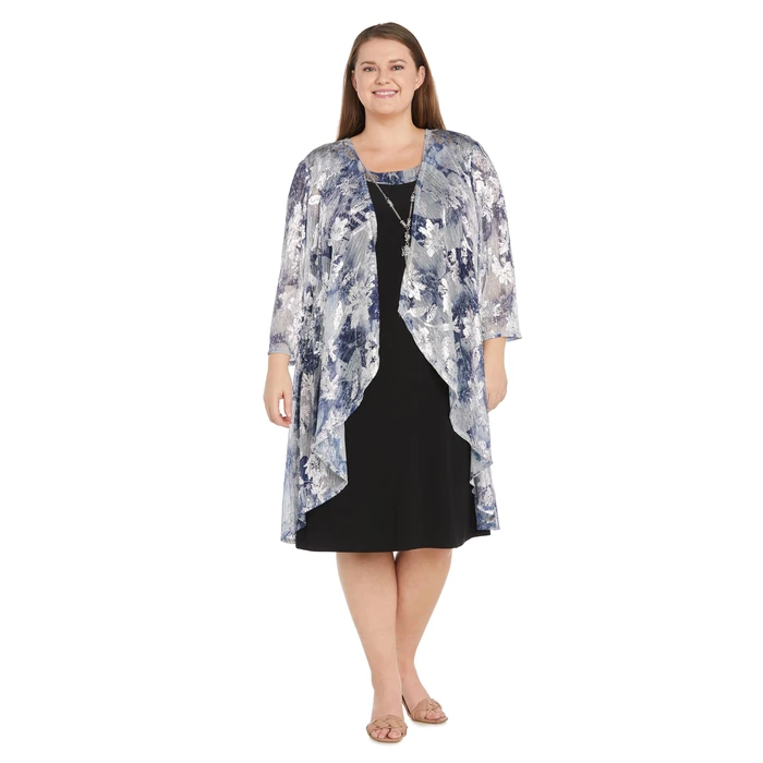 R&M Richards Women's Floral Print Metallic Crinkle Knit Sheath Dress W/Coordinated Flyaway Jacket & Tassel Necklace by R&M Richards - Image 3