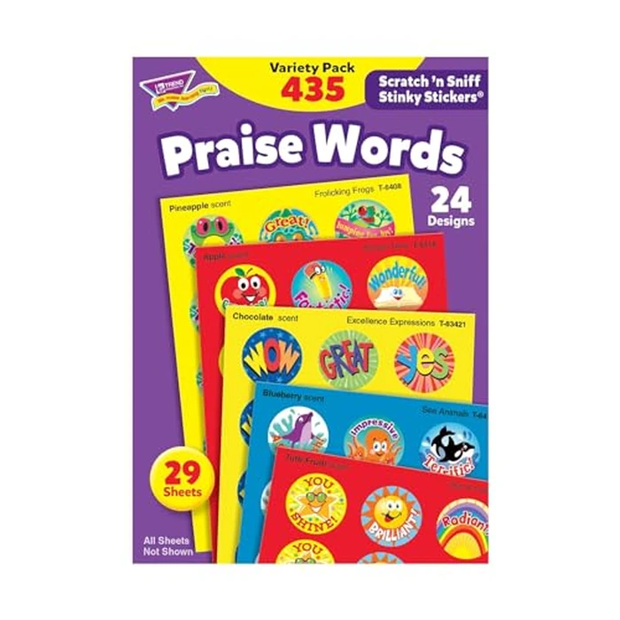 Trend Enterprises: Praise Words, Scented Scratch 'N Sniff Stinky Stickers, Fun for Rewards, Incentives, Crafts and as Collectibles, 24 Different Designs, 29 Sheets Included, for Ages 3 and Up by Trend Enterprises - Used - Like New condition - US$7.39