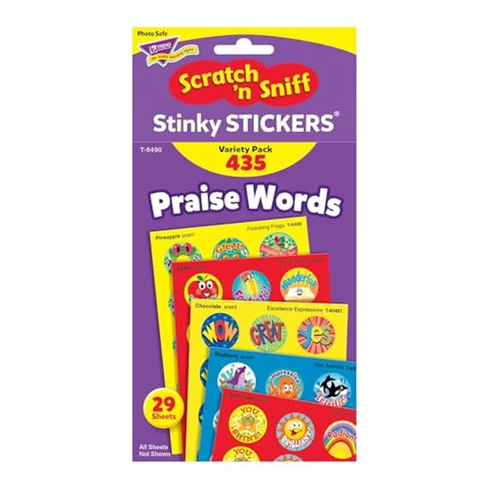 Trend Enterprises: Praise Words, Scented Scratch 'N Sniff Stinky Stickers, Fun for Rewards, Incentives, Crafts and as Collectibles, 24 Different Designs, 29 Sheets Included, for Ages 3 and Up by Trend Enterprises - Image 3