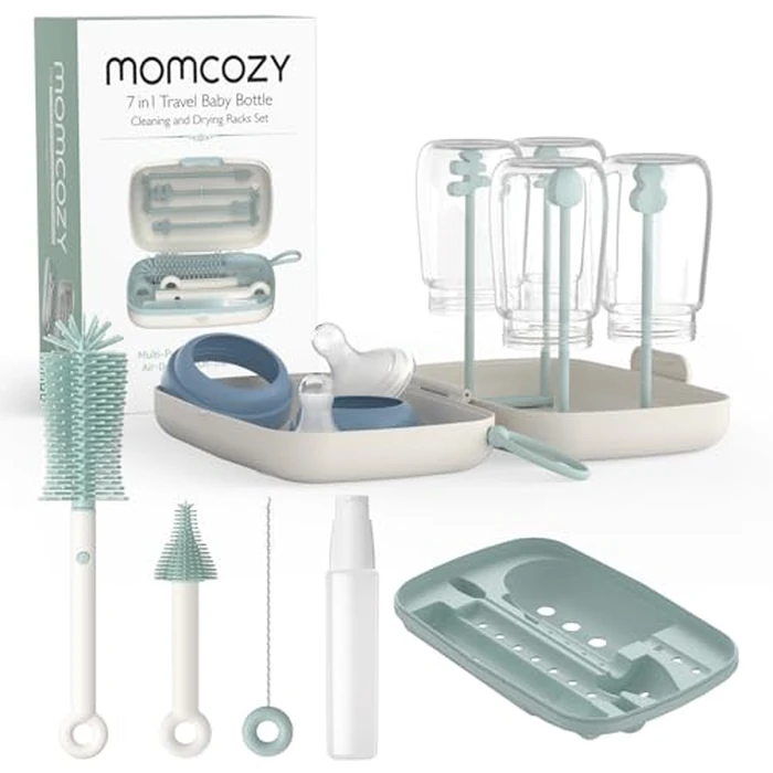 Momcozy 7 in 1 Travel Bottle Cleaning Kit - Baby Bottle Cleaner Set with Silicone Brush, Nipple Brush, Straw Brush, Soap Dispenser, Drying Rack - Home and Travel Bottle Cleaning Tools for Infants by Momcozy - Used - Good condition