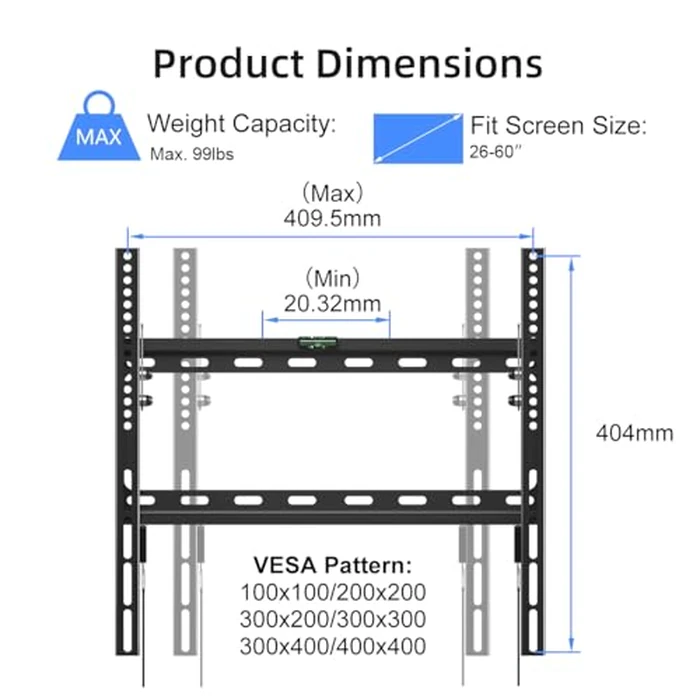 Suptek Tilt TV Wall Mount Bracket for Most 26-60 inch LED, LCD and Plasma TV, Mount with Max 400x400mm VESA and 99lbs Loading Capacity, Fits Studs 16" Apart, Low Profile with Bubble Level by suptek - Used - Acceptable condition
