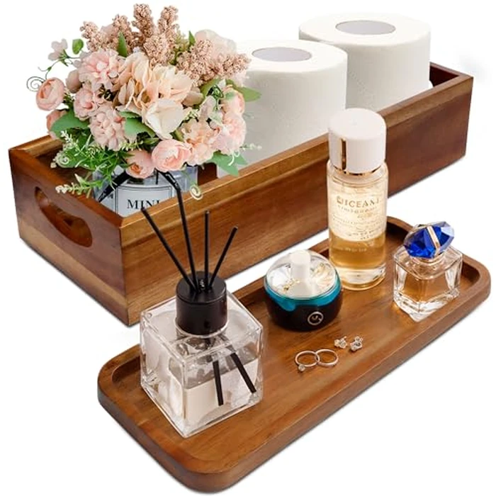 Handmade Toilet Tank Basket Topper & Vanity Tray Set of Natural Acacia Wood by DEMIGO, Created by Skilled Artisans, Smooth, Durable, Attractive Decor for Bathroom, Kitchen, Home, Spa by Demigo - Image 1