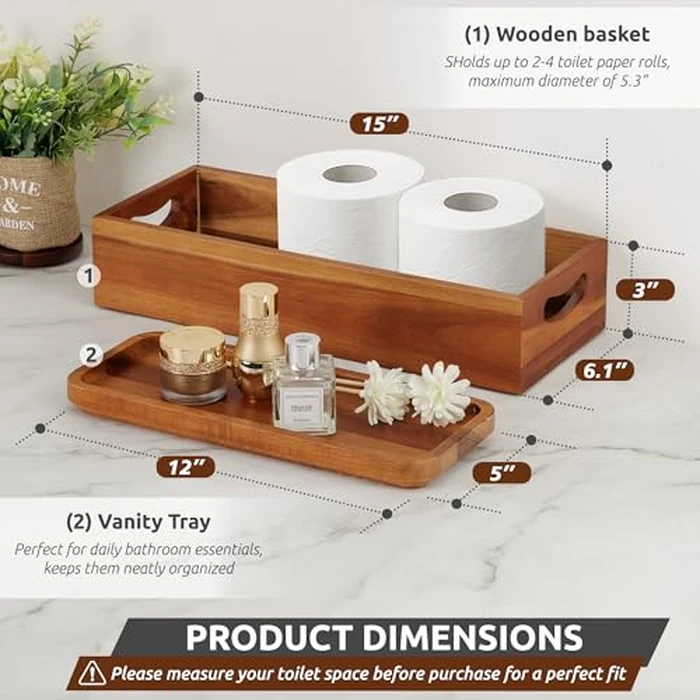 Handmade Toilet Tank Basket Topper & Vanity Tray Set of Natural Acacia Wood by DEMIGO, Created by Skilled Artisans, Smooth, Durable, Attractive Decor for Bathroom, Kitchen, Home, Spa by Demigo - Image 2