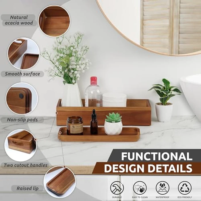 Handmade Toilet Tank Basket Topper & Vanity Tray Set of Natural Acacia Wood by DEMIGO, Created by Skilled Artisans, Smooth, Durable, Attractive Decor for Bathroom, Kitchen, Home, Spa by Demigo - Image 3