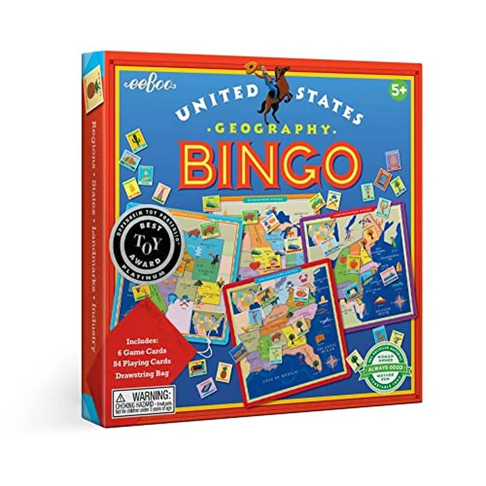 eeBoo: United States Geography Bingo Game, for 2 to 6 Players, Includes 6 Game Cards, 84 Playing Cards, & Drawstring Bag, for Ages 5 and up by eeBoo - Image 1