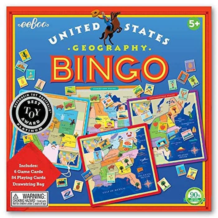 eeBoo: United States Geography Bingo Game, for 2 to 6 Players, Includes 6 Game Cards, 84 Playing Cards, & Drawstring Bag, for Ages 5 and up by eeBoo - Image 2