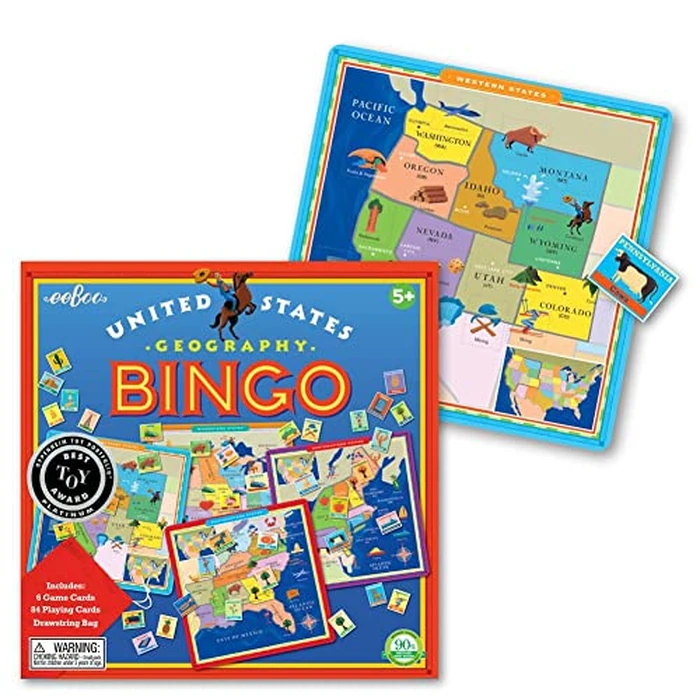eeBoo: United States Geography Bingo Game, for 2 to 6 Players, Includes 6 Game Cards, 84 Playing Cards, & Drawstring Bag, for Ages 5 and up by eeBoo - Image 3