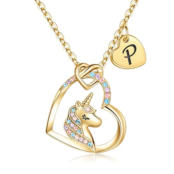 Hidepoo Unicorn Necklace - CZ Heart Pendant Initial Necklaces Unicorns Jewelry Birthday Gifts P Letter Heart Unicorn Necklace Gift by Hidepoo - Used - Very Good condition