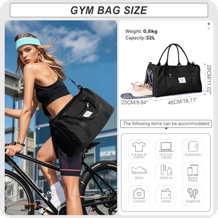 BJLFS Gym Bag Womens Mens with Shoes Compartment and Wet Pocket,Travel Duffel Bag for Women for Plane,Sport Gym Tote Bags with Toiletry Bag,Waterproof Weekend Overnight Bag Carry on Bag Black by BJLFS - Image 6