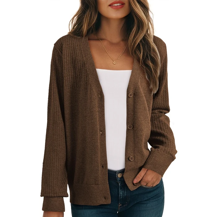 Dokotoo Chocolate Brown Fall Clothes Fashion Fall Outfits for Women 2025 Casual Wool Blend Sweaters Comfy V Neck Long Sleeve Cardigan Sweaters for Women Warm Knit Cardigans Coats Large by Dokotoo - Used - Like New condition - US$28.49