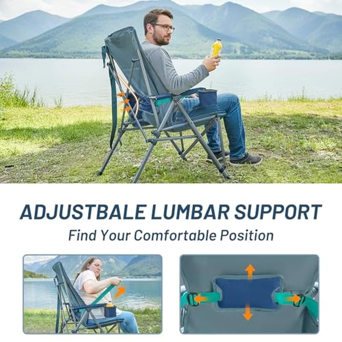 TIMBER RIDGE Oversized Camping Chair with Lumbar Support, Portable Folding Chair Heavy Duty for Adults Supports 450 LBS for Outdoor Camping Lawn, with High Back, Cup Holder, Side Pocket, Blue by TIMBER RIDGE - Image 2