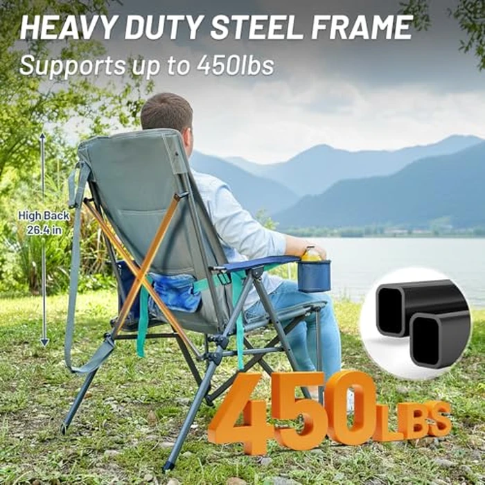 TIMBER RIDGE Oversized Camping Chair with Lumbar Support, Portable Folding Chair Heavy Duty for Adults Supports 450 LBS for Outdoor Camping Lawn, with High Back, Cup Holder, Side Pocket, Blue by TIMBER RIDGE - Image 3