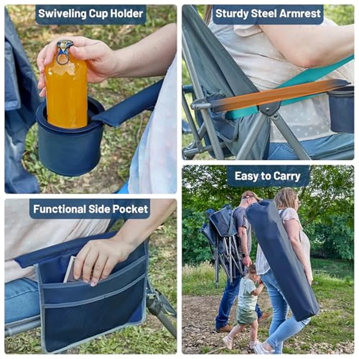 TIMBER RIDGE Oversized Camping Chair with Lumbar Support, Portable Folding Chair Heavy Duty for Adults Supports 450 LBS for Outdoor Camping Lawn, with High Back, Cup Holder, Side Pocket, Blue by TIMBER RIDGE - Image 9