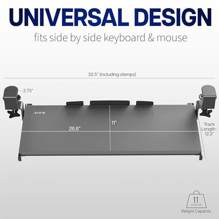 VIVO Large Keyboard Tray Under Desk Pull Out with Extra Sturdy C Clamp Mount System, 27 (33 Including Clamps) x 11 Inch Slide-Out Platform Computer Drawer for Typing, Black, MOUNT-KB05E by VIVO - Image 3