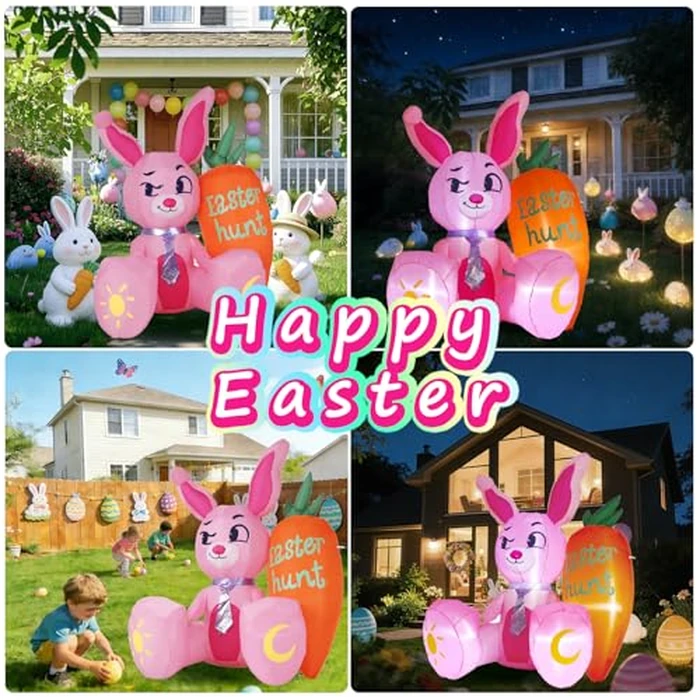 5.15FT Easter Inflatable Bunny Outdoor Decorations, Pink Rabbit with Orange Carrot, Built-in LED Lights and Anchor Kit, Blow Up Yard Decor for Garden, Lawn, Patio, Easter Egg Hunt Party by KISSUNY - Image 6
